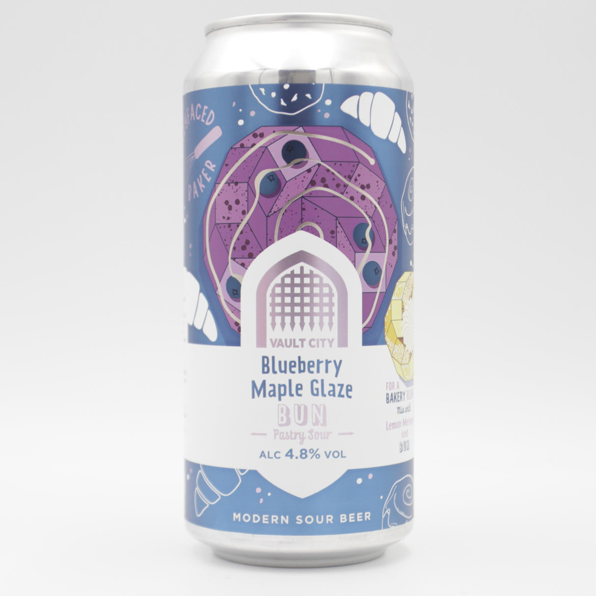 This is a can of Vault City - Blueberry Maple Glazed Bun - 4.8% (440ml). It is a Sour craft beer available to buy from Ghost Whale, voted London's best craft beer shop.