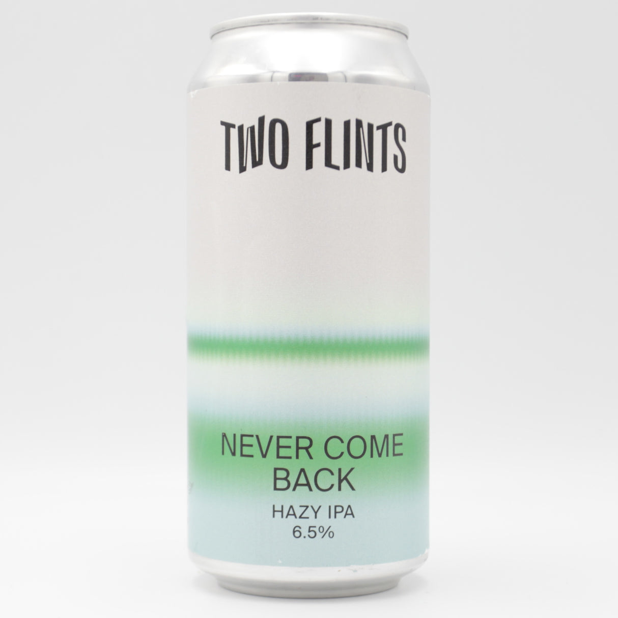This is a can of Two Flints - Never Come Back - 6.5% (440ml). It is a IPA craft beer available to buy from Ghost Whale, voted London's best craft beer shop.