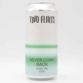 This is a can of Two Flints - Never Come Back - 6.5% (440ml). It is a IPA craft beer available to buy from Ghost Whale, voted London's best craft beer shop.
