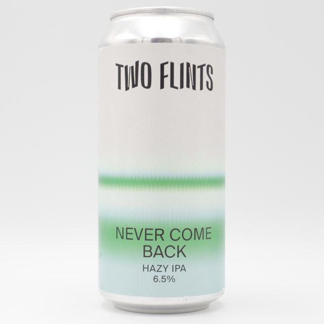 This is a can of Two Flints - Never Come Back - 6.5% (440ml). It is a IPA craft beer available to buy from Ghost Whale, voted London's best craft beer shop.