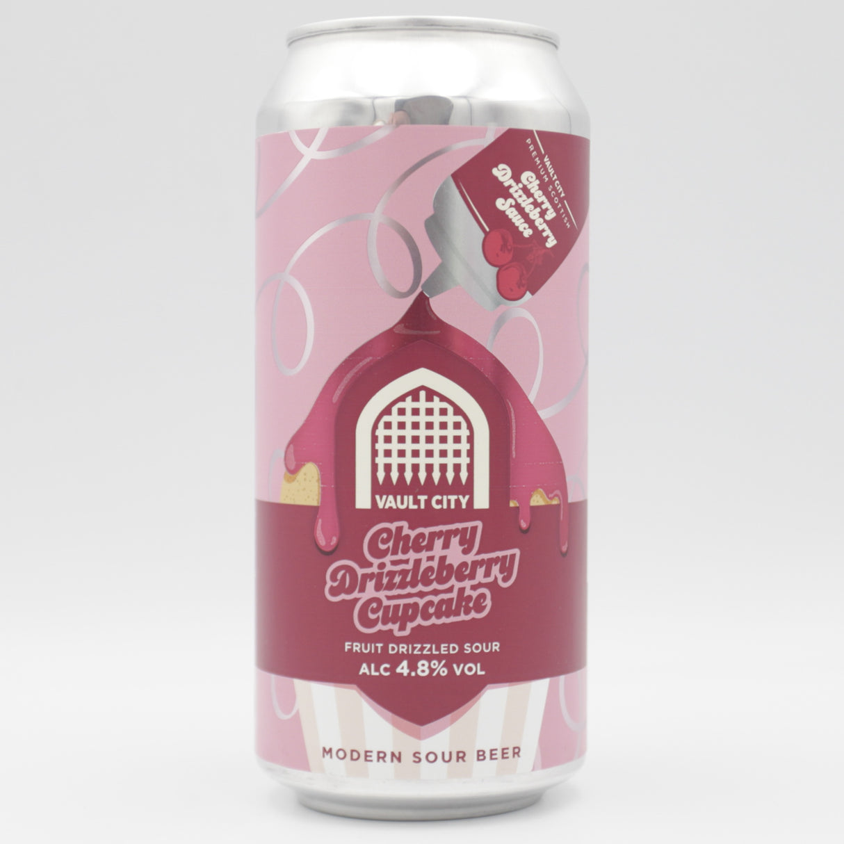This is a can of Vault City - Cherry Drizzleberry Cupcake - 4.8% (440ml). It is a Sour craft beer available to buy from Ghost Whale, voted London's best craft beer shop.