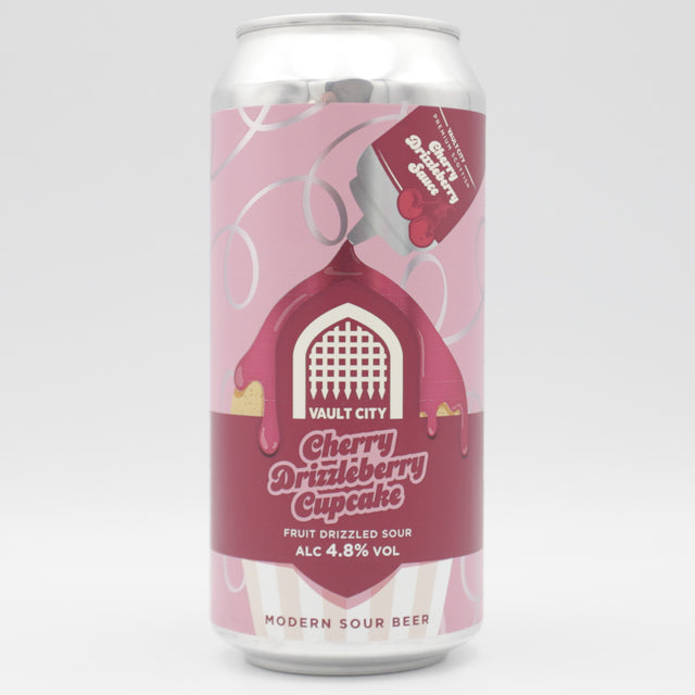 This is a can of Vault City - Cherry Drizzleberry Cupcake - 4.8% (440ml). It is a Sour craft beer available to buy from Ghost Whale, voted London's best craft beer shop.