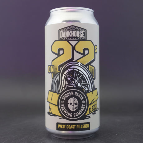 This is a can of Sudden Death / DankHouse - On 22s - 5.4% (440ml). It is a Lager / Pilsner / Kölsch craft beer available to buy from Ghost Whale, voted London's best craft beer shop.