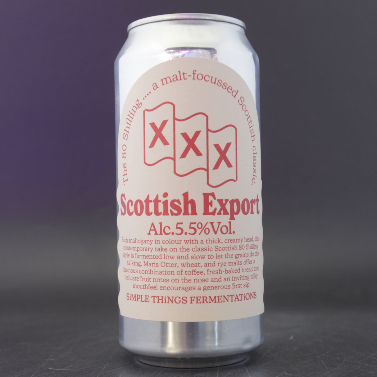 This is a can of Simple Things Fermentations - Scottish Export - 5.5% (440ml). It is a Red / Amber Ale craft beer available to buy from Ghost Whale, voted London's best craft beer shop.