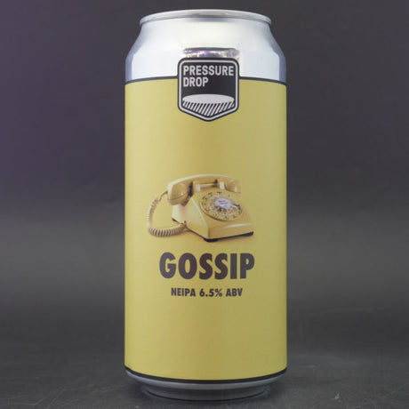 This is a can of Pressure Drop - Gossip - 6.5% (440ml). It is a IPA craft beer available to buy from Ghost Whale, voted London's best craft beer shop.