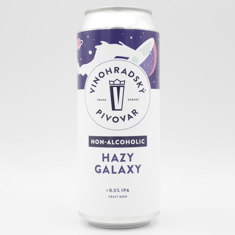 This is a can of Vinohradsky Pivovar - Hazy Galaxy NA - 0.05% (500ml). It is a IPA craft beer available to buy from Ghost Whale, voted London's best craft beer shop.