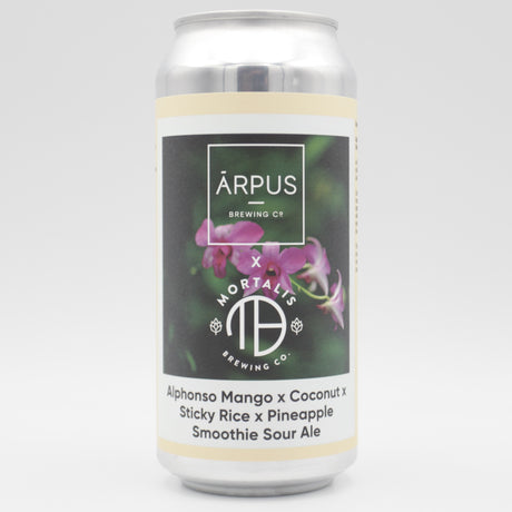 This is a can of Arpus Brewing Co / Mortalis - Arpus x Mortalis Alphonso Mango x Coconut x Sticky Rice x Pineapple Smoothie Sour Ale - 4.5% (440ml). It is a Sour craft beer available to buy from Ghost Whale, voted London's best craft beer shop.