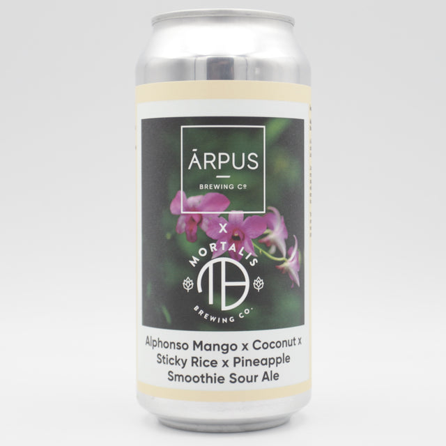 This is a can of Arpus Brewing Co / Mortalis - Arpus x Mortalis Alphonso Mango x Coconut x Sticky Rice x Pineapple Smoothie Sour Ale - 4.5% (440ml). It is a Sour craft beer available to buy from Ghost Whale, voted London's best craft beer shop.