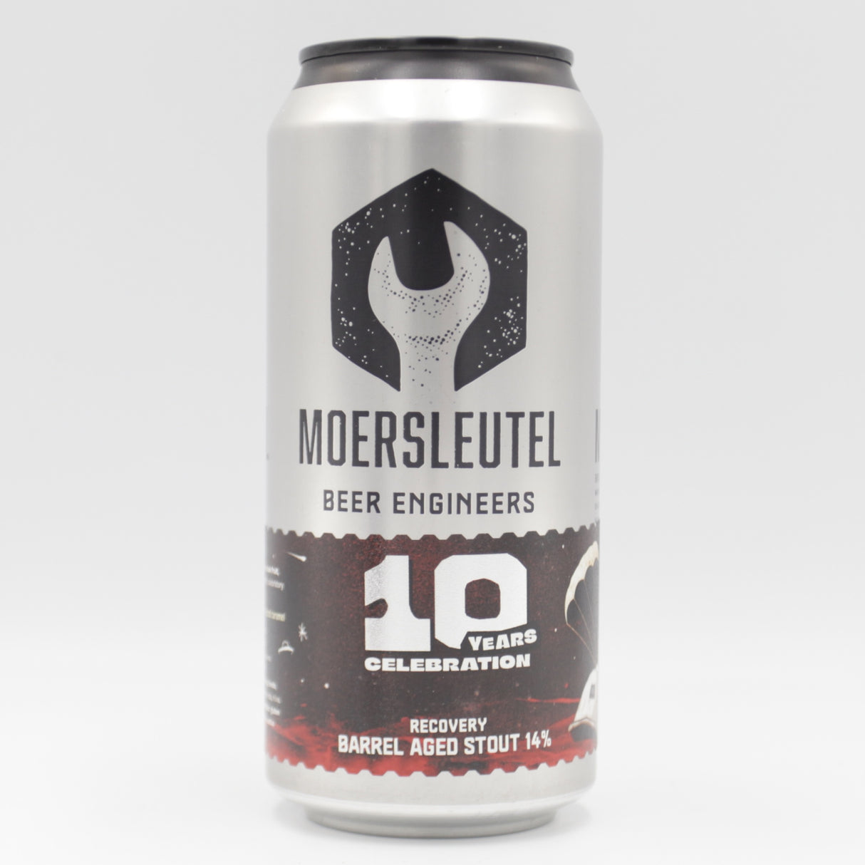 This is a can of Moersleutel - 10 Years: Recovery - 14% (440ml). It is a Imperial Stout / Porter craft beer available to buy from Ghost Whale, voted London's best craft beer shop.