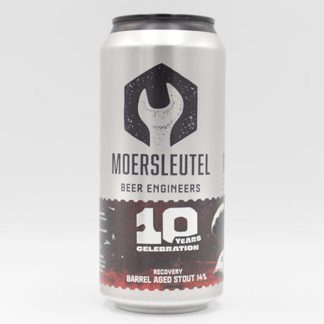 This is a can of Moersleutel - 10 Years: Recovery - 14% (440ml). It is a Imperial Stout / Porter craft beer available to buy from Ghost Whale, voted London's best craft beer shop.