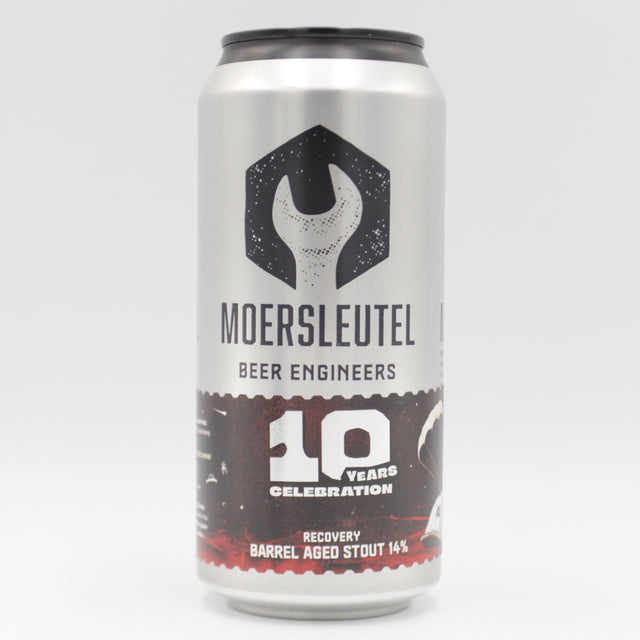 This is a can of Moersleutel - 10 Years: Recovery - 14% (440ml). It is a Imperial Stout / Porter craft beer available to buy from Ghost Whale, voted London's best craft beer shop.