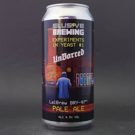 This is a can of Elusive Brewing / UnBarred - Experiments in Yeast #1 - BRY-97 West Coast - 4.5% (440ml). It is a Pale Ale craft beer available to buy from Ghost Whale, voted London's best craft beer shop.