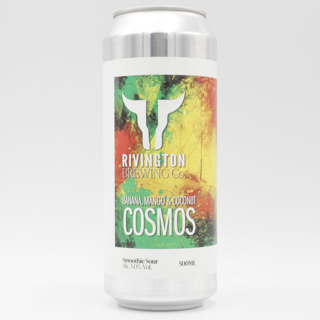 This is a can of Rivington - Cosmos [Banana, Mango & Coconut] - 5% (500ml). It is a Sour craft beer available to buy from Ghost Whale, voted London's best craft beer shop.