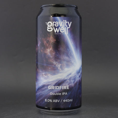 This is a can of Gravity Well - Gridfire - 8% (440ml). It is a Double IPA craft beer available to buy from Ghost Whale, voted London's best craft beer shop.