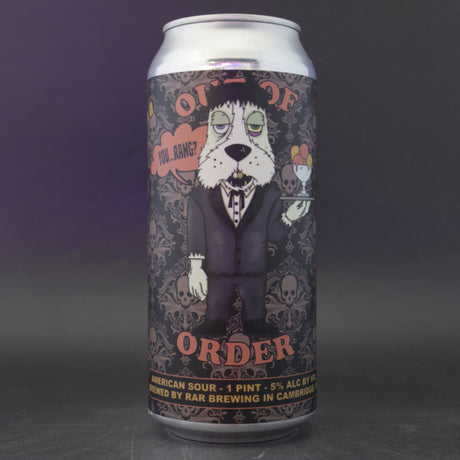 This is a can of RAR Brewing - Out Of Order: You Rang - 5% (470ml). It is a Sour craft beer available to buy from Ghost Whale, voted London's best craft beer shop.
