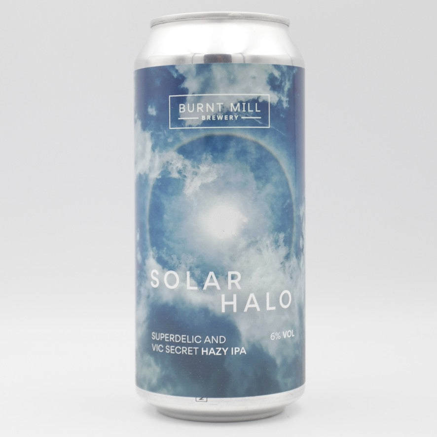 This is a can of Burnt Mill - Solar Halo - 6% (440ml). It is a IPA craft beer available to buy from Ghost Whale, voted London's best craft beer shop.