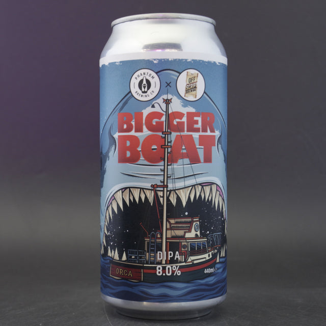 This is a can of Phantom Brewing Co - Bigger Boat - 8% (440ml). It is a Double IPA craft beer available to buy from Ghost Whale, voted London's best craft beer shop.