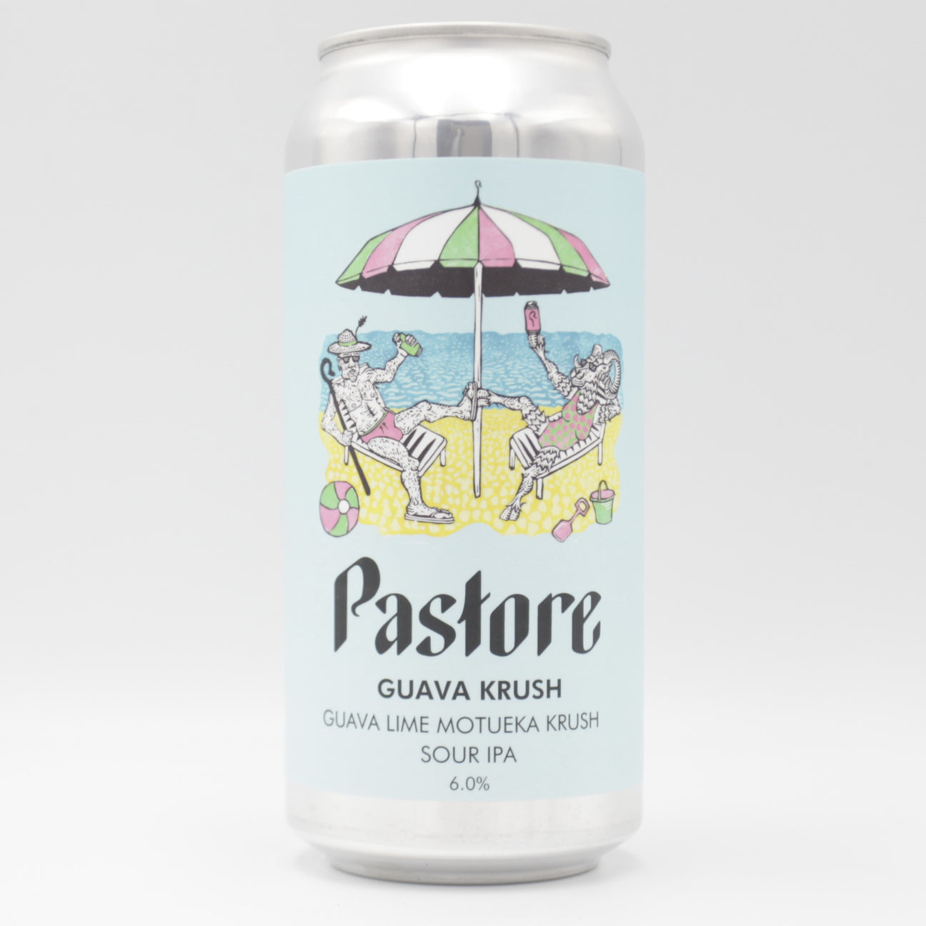 This is a can of Pastore - Guava Krush - 6% (440ml). It is a Sour craft beer available to buy from Ghost Whale, voted London's best craft beer shop.