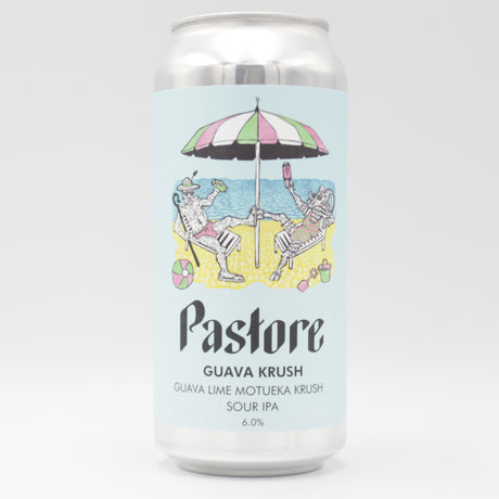 This is a can of Pastore - Guava Krush - 6% (440ml). It is a Sour craft beer available to buy from Ghost Whale, voted London's best craft beer shop.