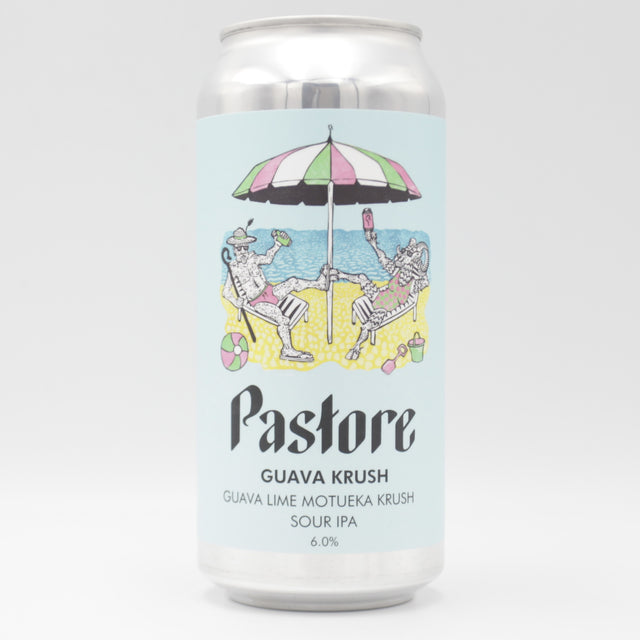 This is a can of Pastore - Guava Krush - 6% (440ml). It is a Sour craft beer available to buy from Ghost Whale, voted London's best craft beer shop.