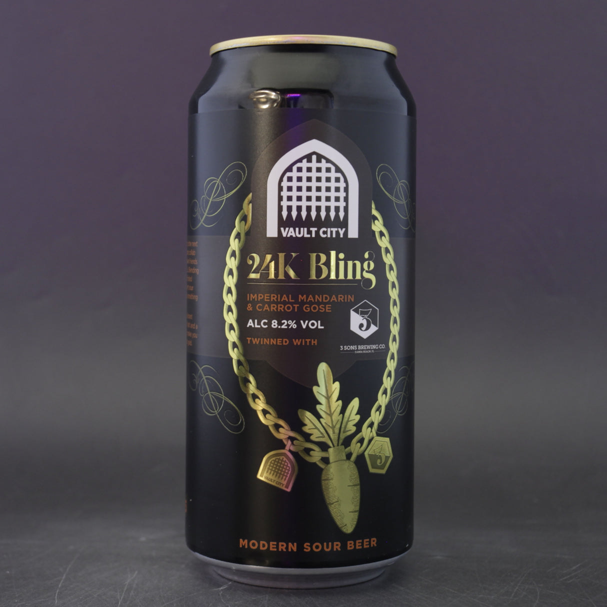 This is a can of Vault City / 3 Sons - 24k Bling - 8.2% (440ml). It is a Sour craft beer available to buy from Ghost Whale, voted London's best craft beer shop.