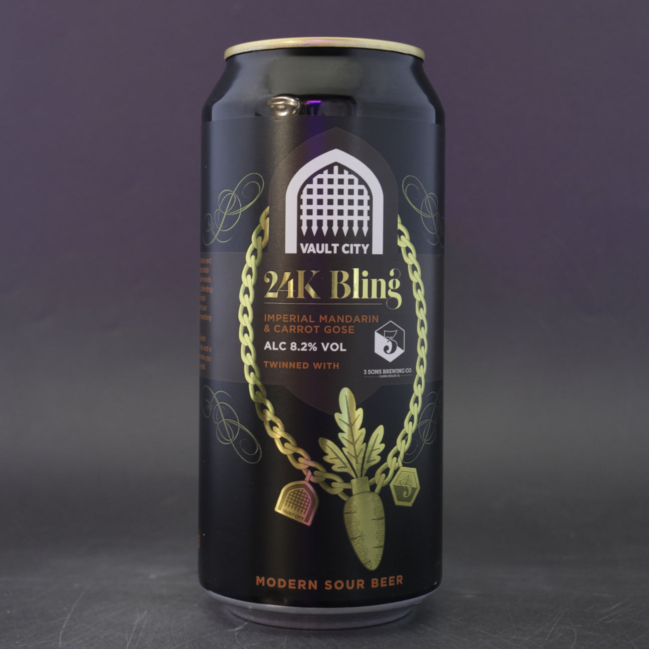 This is a can of Vault City / 3 Sons - 24k Bling - 8.2% (440ml). It is a Sour craft beer available to buy from Ghost Whale, voted London's best craft beer shop.