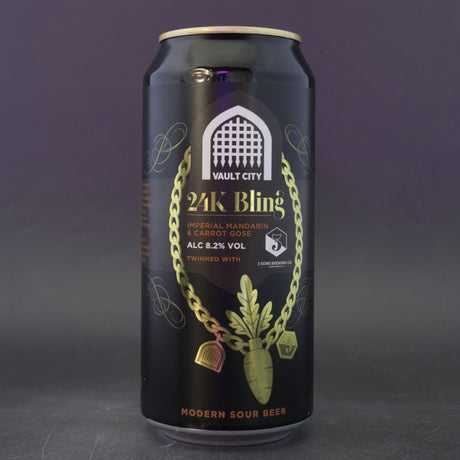 This is a can of Vault City / 3 Sons - 24k Bling - 8.2% (440ml). It is a Sour craft beer available to buy from Ghost Whale, voted London's best craft beer shop.