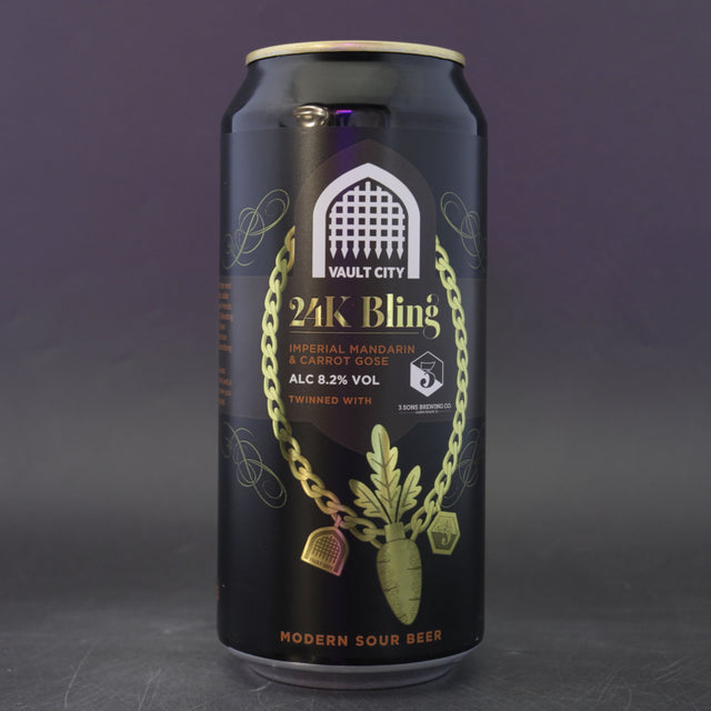 This is a can of Vault City / 3 Sons - 24k Bling - 8.2% (440ml). It is a Sour craft beer available to buy from Ghost Whale, voted London's best craft beer shop.