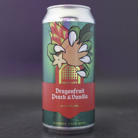 This is a can of Vault City - Dragonfruit Peach Vanilla - 8% (440ml). It is a Sour craft beer available to buy from Ghost Whale, voted London's best craft beer shop.