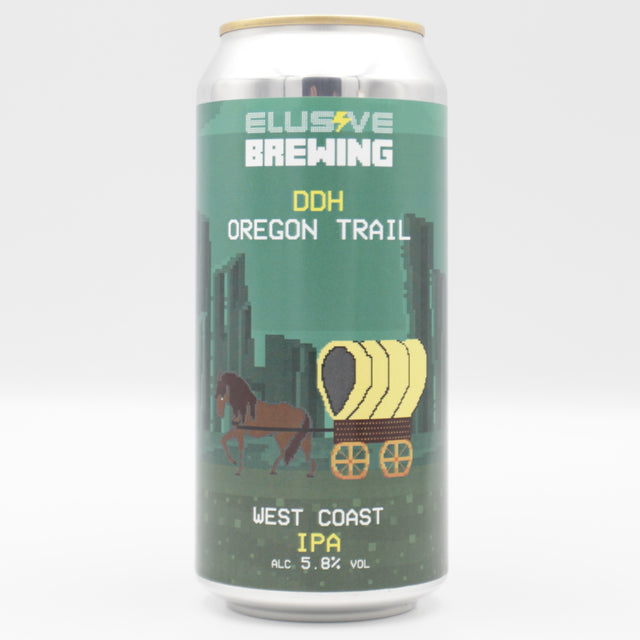 This is a can of Elusive Brewing - DDH Oregon Trail - 5.8% (440ml). It is a IPA craft beer available to buy from Ghost Whale, voted London's best craft beer shop.