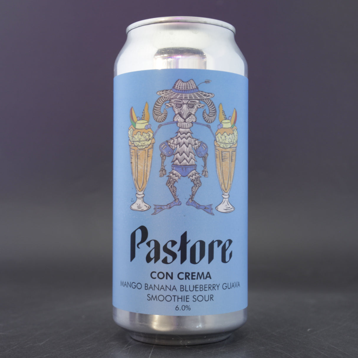 This is a can of Pastore - Con Crema: Mango, Banana, Blueberry, Guava - 6% (440ml). It is a Sour craft beer available to buy from Ghost Whale, voted London's best craft beer shop.