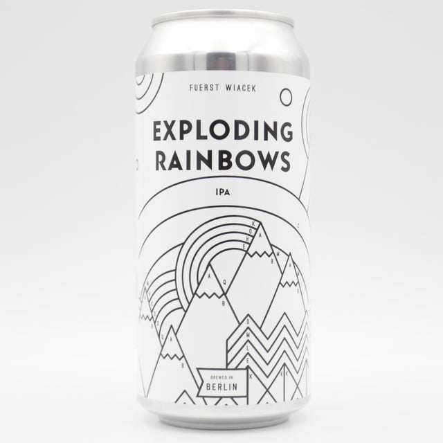 This is a can of Fuerst Wiacek - Exploding Rainbows - 6.8% (440ml). It is a IPA craft beer available to buy from Ghost Whale, voted London's best craft beer shop.