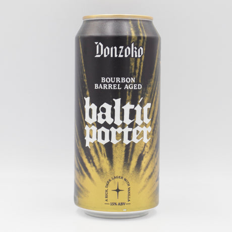 This is a can of Donzoko - Bourbon Barrel Aged Baltic Porter - 15% (440ml). It is a Imperial Stout / Porter craft beer available to buy from Ghost Whale, voted London's best craft beer shop.