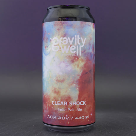 This is a can of Gravity Well - Clear Shock - 7% (440ml). It is a IPA craft beer available to buy from Ghost Whale, voted London's best craft beer shop.