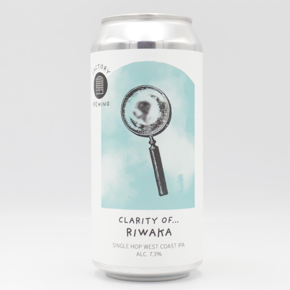 This is a can of Factory Brewing - Clarity Of Riwaka - 7.3% (440ml). It is a IPA craft beer available to buy from Ghost Whale, voted London's best craft beer shop.