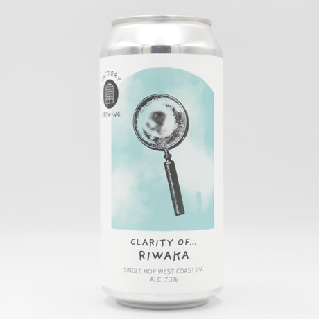 This is a can of Factory Brewing - Clarity Of Riwaka - 7.3% (440ml). It is a IPA craft beer available to buy from Ghost Whale, voted London's best craft beer shop.