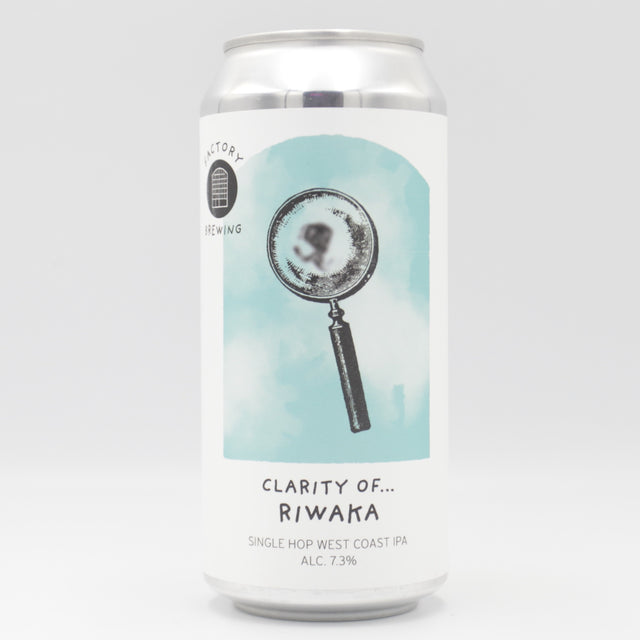 This is a can of Factory Brewing - Clarity Of Riwaka - 7.3% (440ml). It is a IPA craft beer available to buy from Ghost Whale, voted London's best craft beer shop.