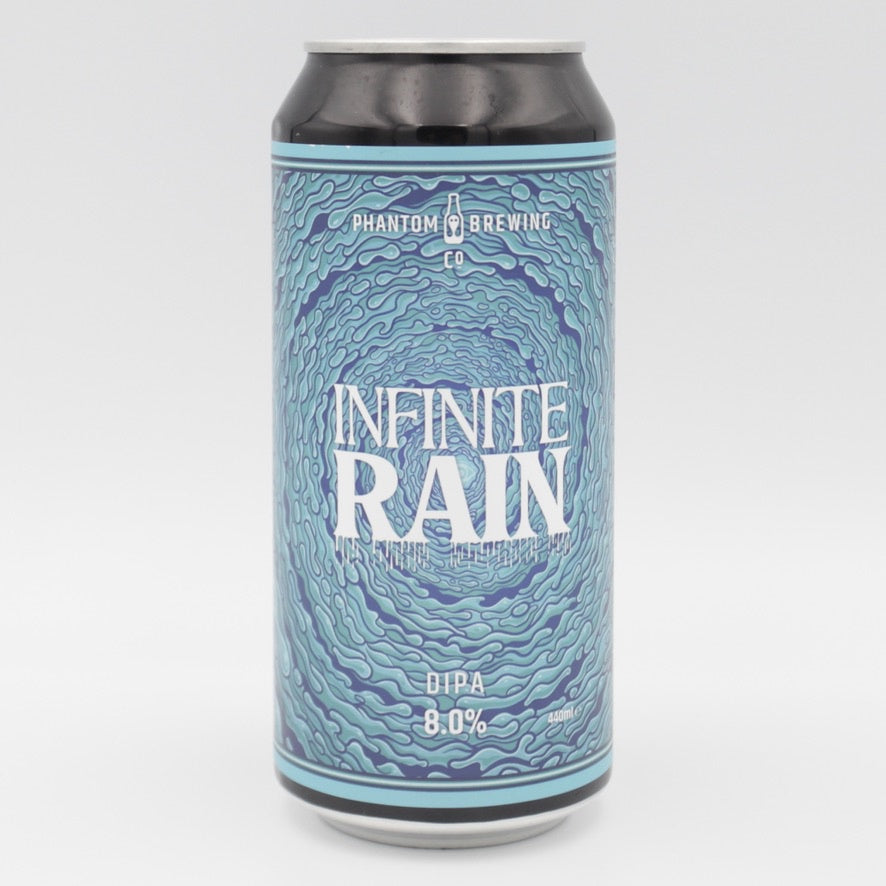 This is a can of Phantom Brewing Co - Infinite Rain - 8% (440ml). It is a Double IPA craft beer available to buy from Ghost Whale, voted London's best craft beer shop.