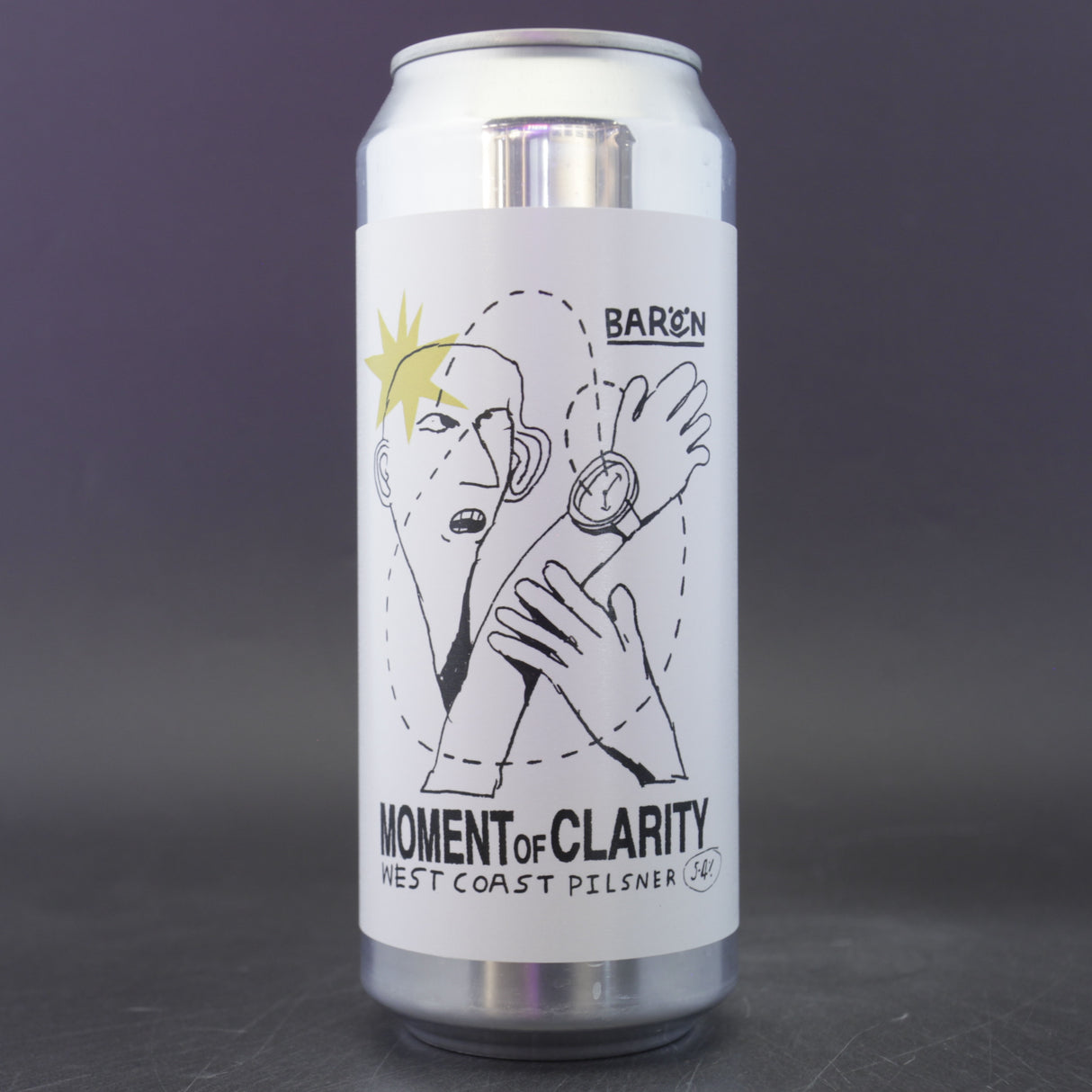 This is a can of Baron - Moment Of Clarity - 5.4% (500ml). It is a Lager / Pilsner / Kölsch craft beer available to buy from Ghost Whale, voted London's best craft beer shop.