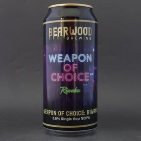 This is a can of Bearwood - Weapon Of Choice: Riwaka - 5.8% (440ml). It is a IPA craft beer available to buy from Ghost Whale, voted London's best craft beer shop.