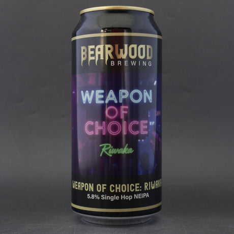 This is a can of Bearwood - Weapon Of Choice: Riwaka - 5.8% (440ml). It is a IPA craft beer available to buy from Ghost Whale, voted London's best craft beer shop.