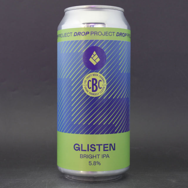 This is a can of Drop Project - Glisten - 5.8% (440ml). It is a IPA craft beer available to buy from Ghost Whale, voted London's best craft beer shop.