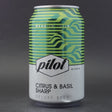 This is a can of Pilot - Citrus & Basil Sharp - 3.4% (330ml). It is a Saison craft beer available to buy from Ghost Whale, voted London's best craft beer shop.