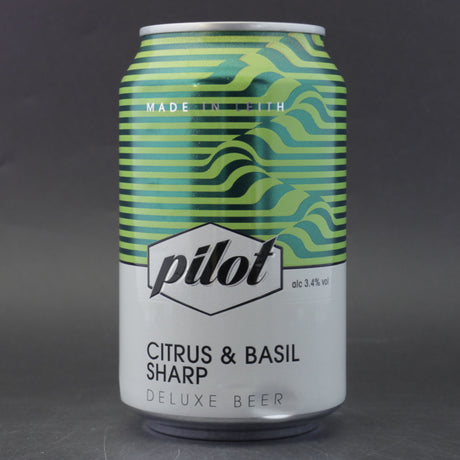 This is a can of Pilot - Citrus & Basil Sharp - 3.4% (330ml). It is a Saison craft beer available to buy from Ghost Whale, voted London's best craft beer shop.