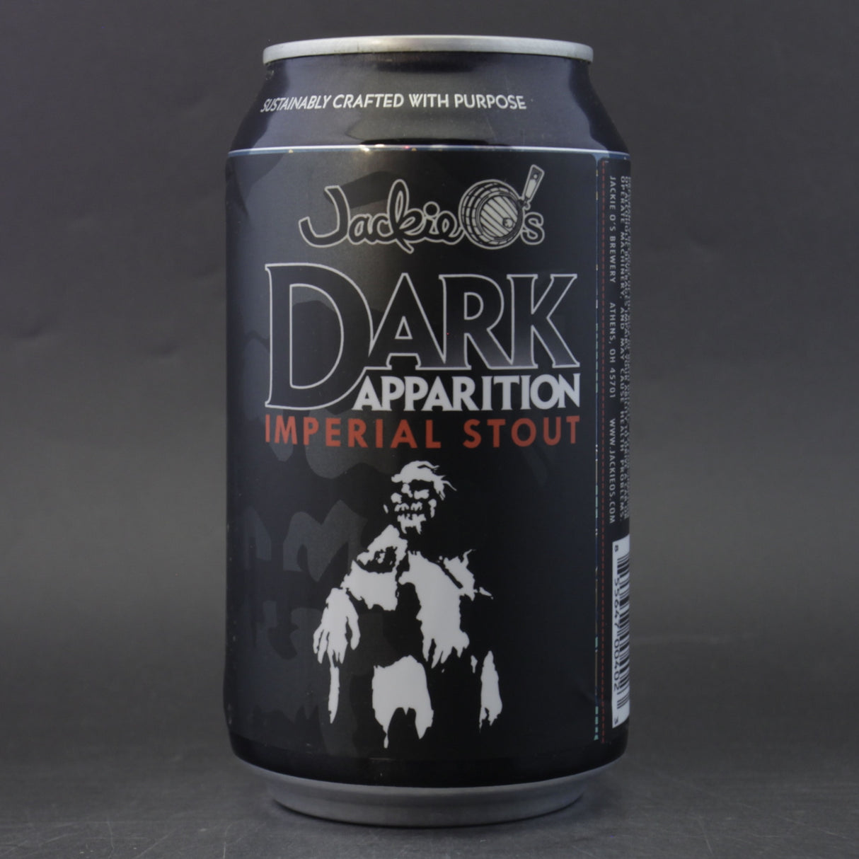 This is a can of Jackie O's - Dark Apparition - 10.5% (355ml). It is a Imperial Stout / Porter craft beer available to buy from Ghost Whale, voted London's best craft beer shop.