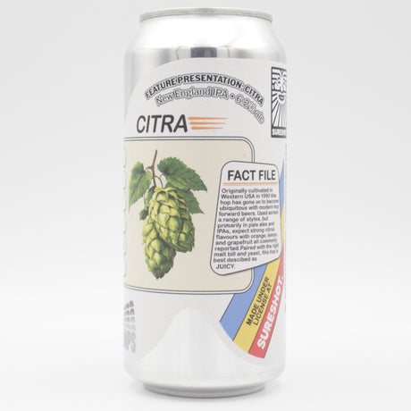 This is a can of Sureshot - Feature Presentation: Citra - 6.2% (440ml). It is a IPA craft beer available to buy from Ghost Whale, voted London's best craft beer shop.