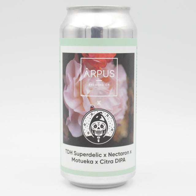 This is a can of Arpus Brewing Co / Messorem - TDH Superdelic x Nectaron x Motueka x Citra DIPA - 8% (440ml). It is a Double IPA craft beer available to buy from Ghost Whale, voted London's best craft beer shop.