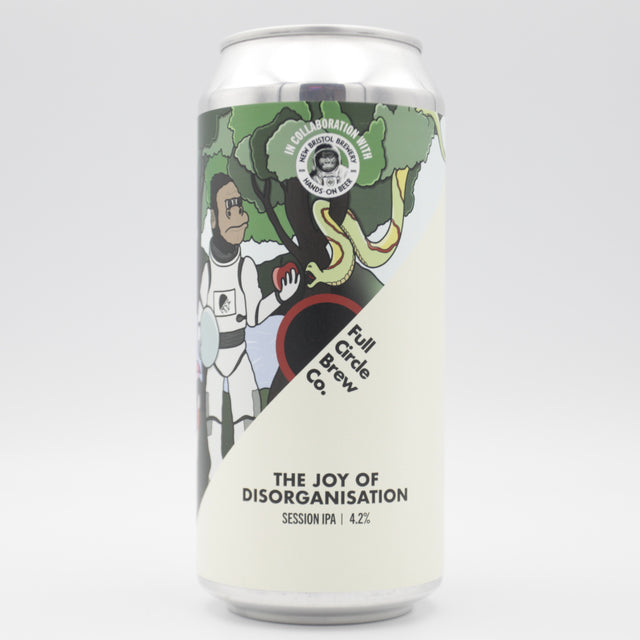 This is a can of Full Circle Brew Co / New Bristol Brewery - The Joy of Disorganisation - 4.2% (440ml). It is a Session IPA craft beer available to buy from Ghost Whale, voted London's best craft beer shop.