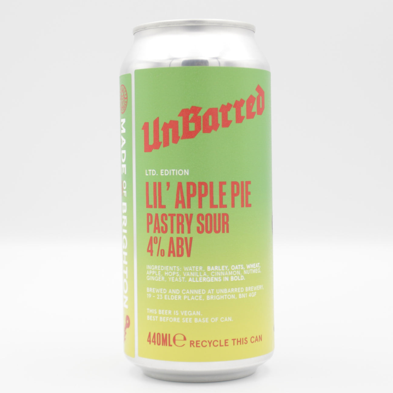 This is a can of UnBarred - Lil Apple Pie - 4% (440ml). It is a Sour craft beer available to buy from Ghost Whale, voted London's best craft beer shop.