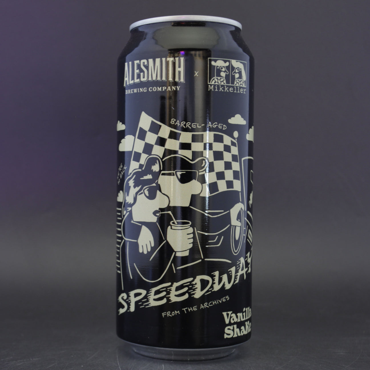 This is a can of Alesmith / Mikkeller - BA Vanilla Shake Speedway Stout - 14.03% (473ml). It is a Imperial Stout / Porter craft beer available to buy from Ghost Whale, voted London's best craft beer shop.